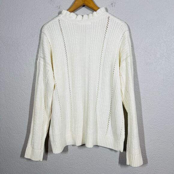 Mustard Seed Cable Knit Ruffle Neck Sweater Cream Casual Knit Long Slv - L - Picture 4 of 5